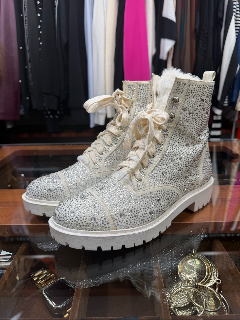 Jessica Simpson Ivory Crystal-Embellished Combat Boots